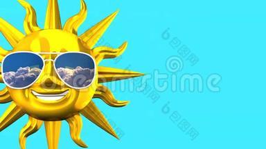 蓝文空间上戴太阳镜的金色微笑太阳
